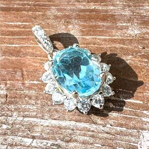 BRAND NEW Swiss Blue Topaz Halo Pendant, Sterling Silver